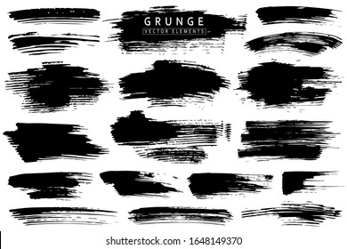 Set of vector ink blots, black brush strokes and splashes. Isolated hatched place for text