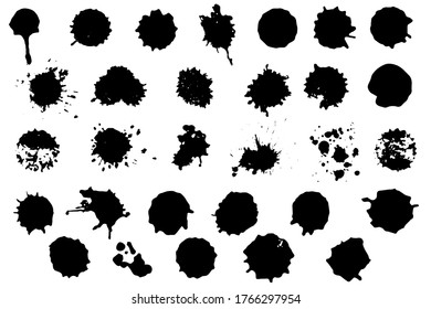 Set of vector ink blots. Hand-drawn drops, splashes, dots, spots, prints. Isolated on white background. Black dirty texture. Design elements