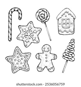 Set of vector ink hand drawn clip arts of Christmas cookies, lollipops, candy canes. gingerbread man, star, holiday house, snowflake for confectionery packaging, festive designs for bakeries