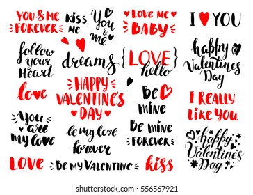 Set of vector ink handwritten inscriptions and hearts. Modern brush calligraphy. Quotes and phrases for Valentines day.