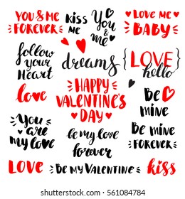 Set of vector ink handwritten inscriptions and hearts. Modern brush calligraphy. Quotes and phrases for Valentines day.
