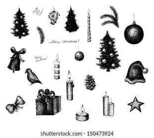 Set of vector ink style Christmas elements, such as decorated fir tree, cone, cap, gift, candles and other. Black and white engraving print.