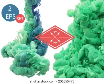 Set of vector ink swirling in water. Isolated cloud of blue and green ink on white. Template design for banner. Paint in water on white background. Splashes of paint. Texture of ink, paint in water