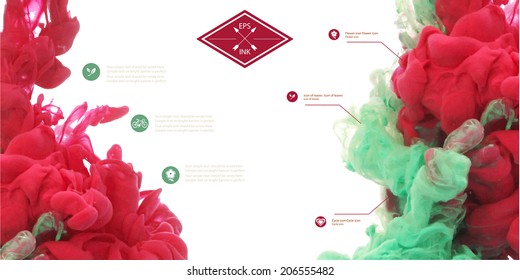 Set of vector ink swirling in water. Isolated cloud of red and green ink on white. Template design for banner. Paint in water on white background. Splashes of paint. Texture of ink, paint in water