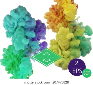 Set of vector ink swirling in water. Isolated cloud of orange,green and yellow ink on white and Isolated cloud of blue,green and violet ink on white/  Splashes of paint. Texture of ink, paint