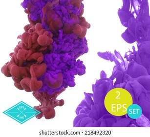 Set of vector ink swirling in water. Isolated cloud of bright red, violet ink on white. Template design for banner. Paint in water on white background. Splashes of paint. Texture of ink, paint