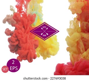 Set of vector ink swirling in water. Isolated cloud of red and yellow ink on white. Template design for banner. Paint in water on white background. Splashes of paint. Texture of ink, paint in water