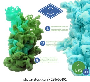 Set of vector ink swirling in water. Isolated clouds of green and blue ink on white. Template design for banner. Splashes of paint in water on white background. Texture of ink, paint