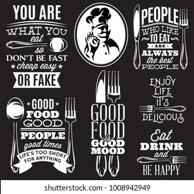 set of vector inscriptions in retro style on theme of eating with cutlery and chef