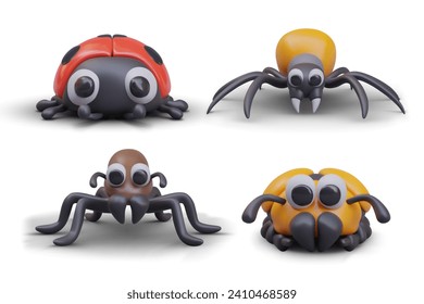 Set of vector insects with cute faces. 3D ladybug, spider, ant, beetle. Colored creatures, front view. Templates for choosing character. Children zoology