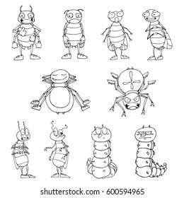 Set of vector insects. Spiders, flies, beetles, caterpillars. Cartoon-style. Each insect expresses emotions. Isolated characters. Use for print, web design, etc.