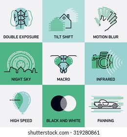 Set Of Vector Inspirational Photography Techniques And Principles Web Icons In Trendy Linear Flat Design | Design Elements On Double Exposure, Tilt Shift, Motion Blur, Infrared And Other Photo Topics