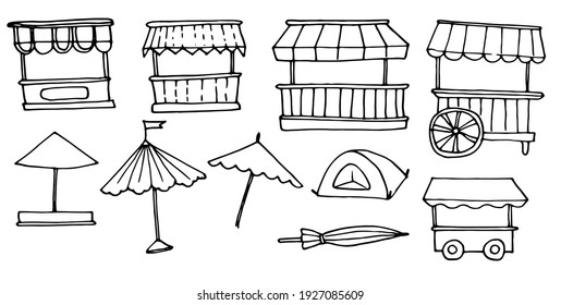 Set of vector insulated awnings, outdoor umbrellas and small outdoor mobile stalls hand-drawn sketch style black outline on white background for design template