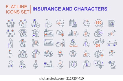Set of vector Insurance icons with colored elements and characters. Life insurance elements icon set. Outline icons collection. Simple vector illustration for modern concepts, web and apps.