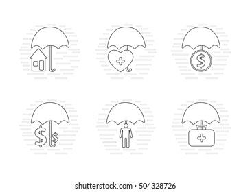 Set of vector insurance icons. House, money, people, heart and health.  Isolated black and white line illustration
