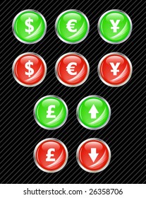 Set of vector interface buttons for currency exchange business theme. Easy to edit, any size. Aqua web 2.0