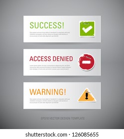 A set of vector interface dialog / message boxes - success, access denied, warning, with grungy icons attached with staples