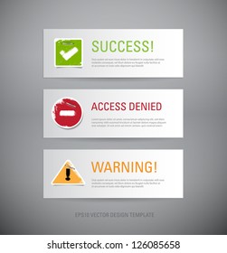 A set of vector interface dialog / message boxes - success, access denied, warning, with grungy icons attached with staples