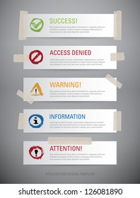 A set of vector interface dialog / notification message boxes attached with sticky tape pieces, with hand painted icons: success, access denied, warning, information, attention