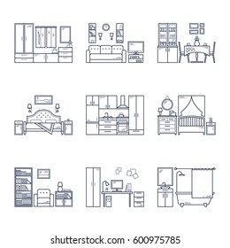 Set of vector interior design rooms in line black and white style. Illustration of living room, hallway, dining room, bedroom, kitchen, nursery, cabinet, workspace, bathroom
