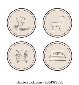 Conjunto de iconos de interiores vectoriales. Emblemas redondos.