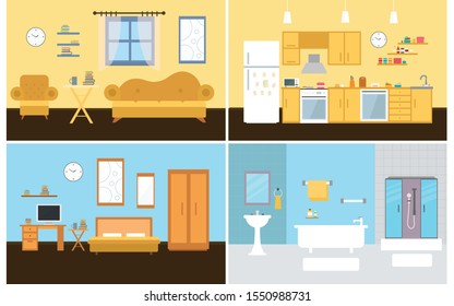 Set of vector interiors with furniture and equipment. Design a living room, kitchen, bathroom, bedroom. Flat style interior, House shape concept.