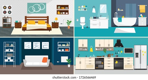 Set of vector interiors with furniture and equipment. Design a living room, kitchen, bathroom, bedroom. Flat style interior, House shape concept design.