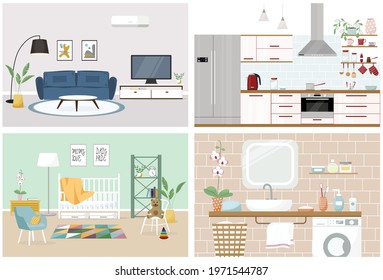 Set of vector interiors with furniture and equipment. Design of a living room, kitchen, bathroom, nursery. Flat interior concept.