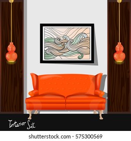 Set of vector interiors with furniture and equipment. Flat style vector illustration.Big set furniture 3D vector.armchairs,sofa,chairs,chandeliers, lamps, bulbs, luster.Furniture advertisement flyers.
