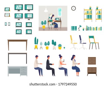 Set of vector interiors for home office. Isolated modern flat vector illustrations of various interiors for teleconference. Stay at home concept. 