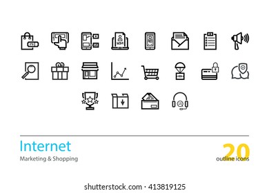 Set of vector internet marketing, shopping outline icons.