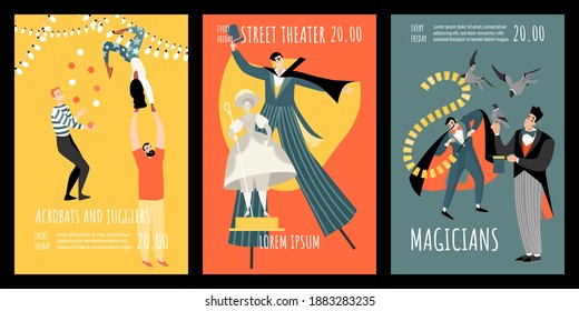 Set of vector invitation banners for acrobats, magicians and street theater performances. Illustrations in cartoon style.