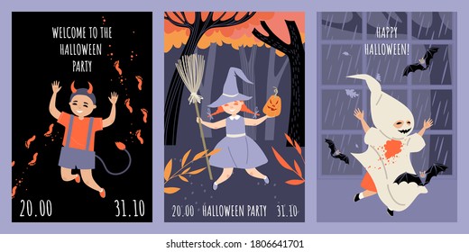 Set of vector invitation cards for halloween party with kids in costumes and autumn backgrounds. Cartoon illustrations in flat style