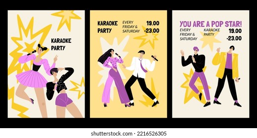 Set of vector invitation cards for karaoke party. Illustrations with cute singing young people. Event flyer templates