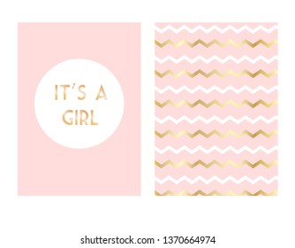 Set of vector invitation with gold lettering for girl. Baby congratulations posters with lettering. It's a girl or your text. Greeting card