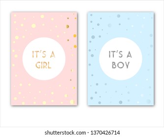 Set of vector invitation with gold and silver lettering for boy or girl. Baby  congratulations posters with lettering. It's a boy, it's s girl or your text. Greeting card