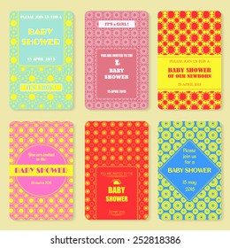 Set of vector invitation templates. Colorful baby showery card.  Celebration design. Graphic patterns. Greeting banner. Anniversary  ceremony. Announcement card.