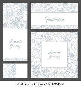 Set of vector invitations, congratulations textured flowers on a white background.