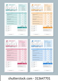 Set Of Vector Invoice Design Templates. Green, Orange, Red And Blue Colors