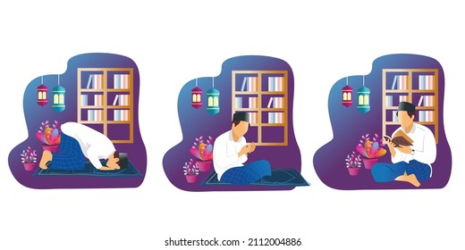 Una colección de ilustraciones vectoriales islámicas para musulmanes adorando, leyendo el Corán y rezando, perfectas para ilustraciones y saludos de Ramadán