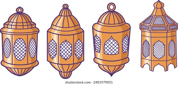 Set Vector of Islamic lantern element for ramadan Kareem, Eid Mubarak. Arabic antique Lamp lights isolated on white background.
