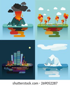 Set of the vector islands Nature Volcano City Park