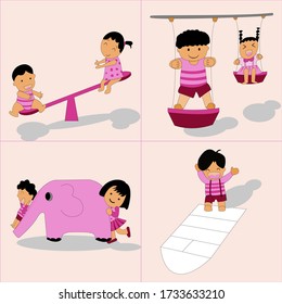 Set vector isolate pink color concept Play fun activities such as a downed horse, swing, slider, jump.