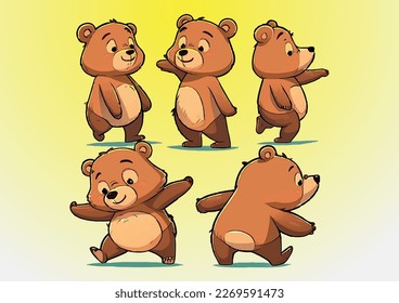 A set of Vector Isolated Bear Cartoon Characters in 5 different moves, set against a Gradient Background. The graphics are created in Eps 10 vector format, which ensures high quality and scalability