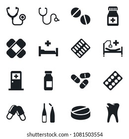 Set of vector isolated black icaon - medical room vector, stethoscope, pills, bottle, blister, ampoule, patch, hospital bed, caries