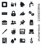 Set of vector isolated black icon - passport control vector, notebook pc, pills, bottle, scalpel, sea shipping, group, stop button, stopwatch, bell, drawing pin, copier, contract, water supply, lock