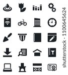 Set of vector isolated black icon - pennant vector, document search, trowel, fireplace, bike, clock, warehouse storage, tulip, equalizer, notes, download, copybook, notebook pc, city house, alcove