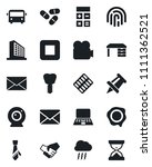 Set of vector isolated black icon - airport bus vector, storm cloud, mail, office building, calculator, desk, notebook pc, drawing pin, stamp, pills, blister, implant, video camera, stop button, tie