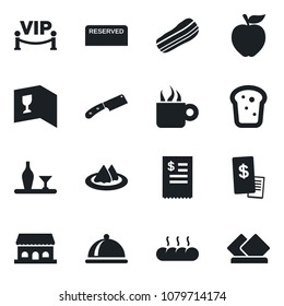 Set of vector isolated black icon - dish vector, alcohol, serviette, wine card, reserved, coffee, bacon, bread, cafe building, vip zone, restaurant receipt, knife, apple fruit