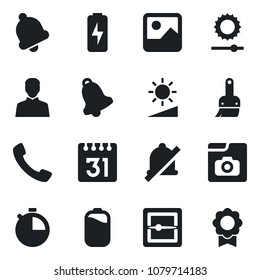 Set of vector isolated black icon - call vector, gallery, themes, user, stopwatch, bell, scanner, calendar, mute, brightness, photo, battery, charge, sertificate